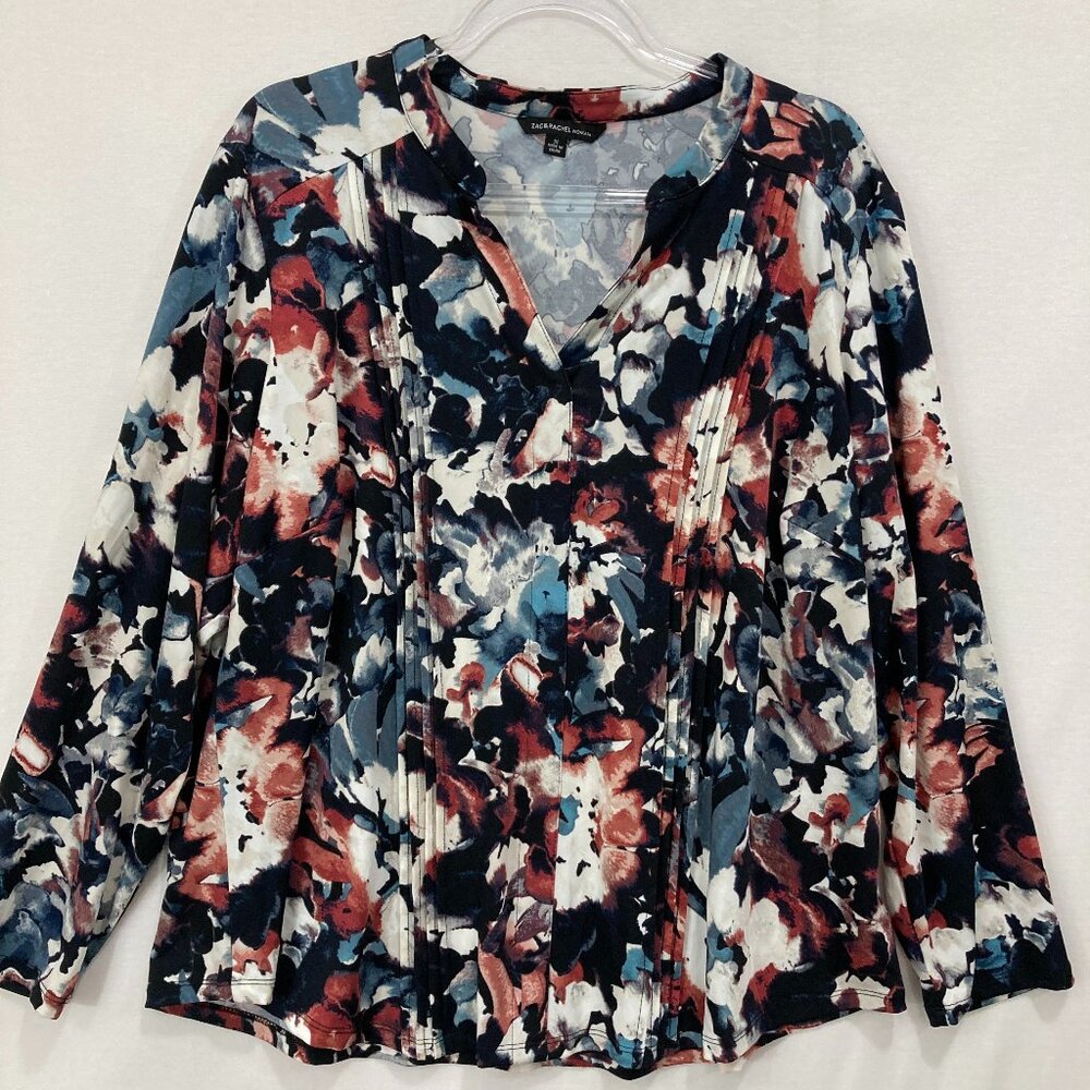 Zac & Rachel Blouse size 1X Abstract Stretch Knit Pintuck Long‎ Sleeve